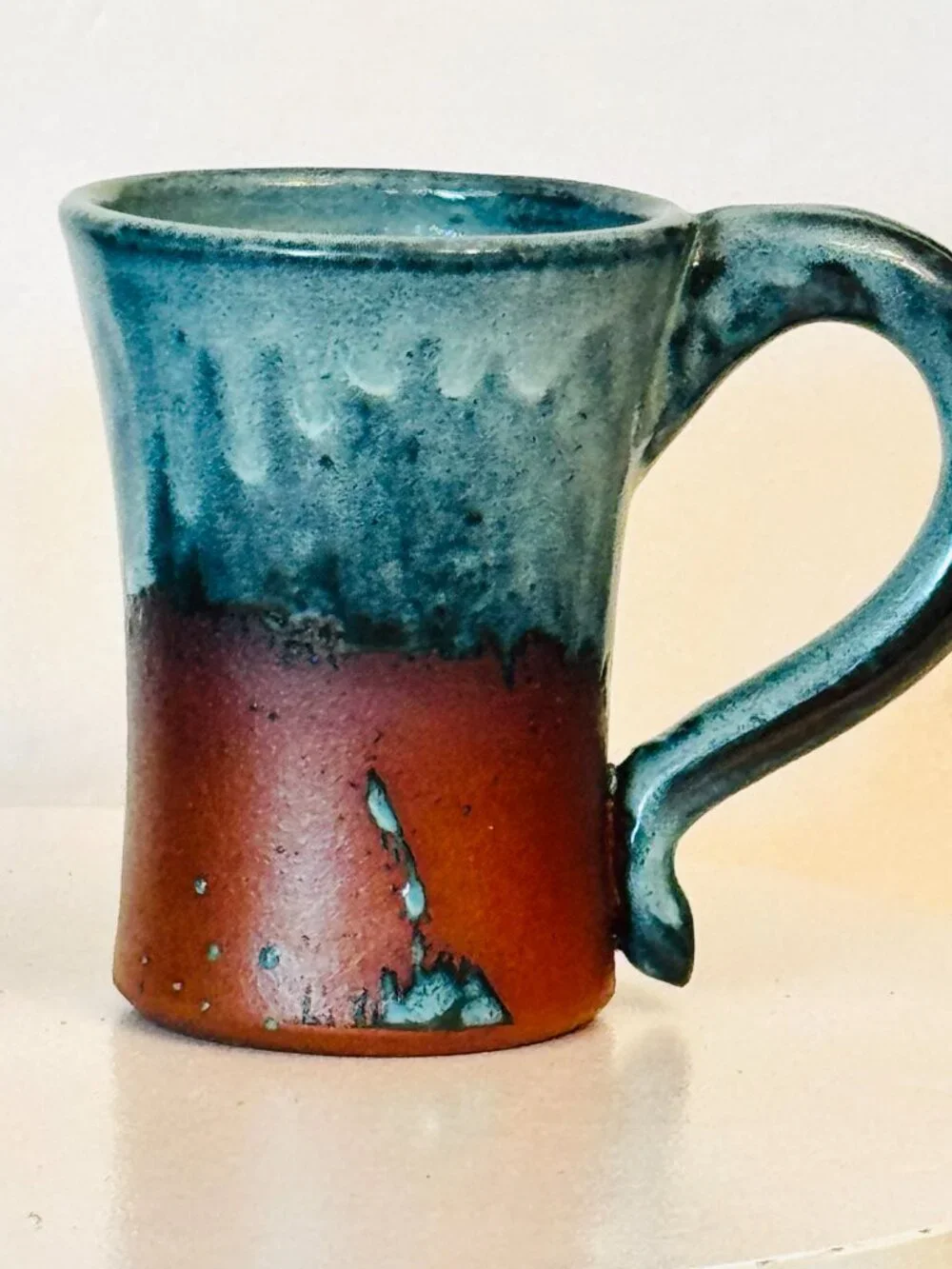 Pair Handmade Studio Pottery Mugs Joe Foster Terracotta Blue Green Drip Glaze